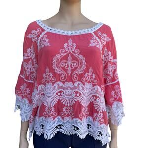 Democracy Embroidered Cold Shoulder Pullover Blouse Size 1X Coral White Boho Top